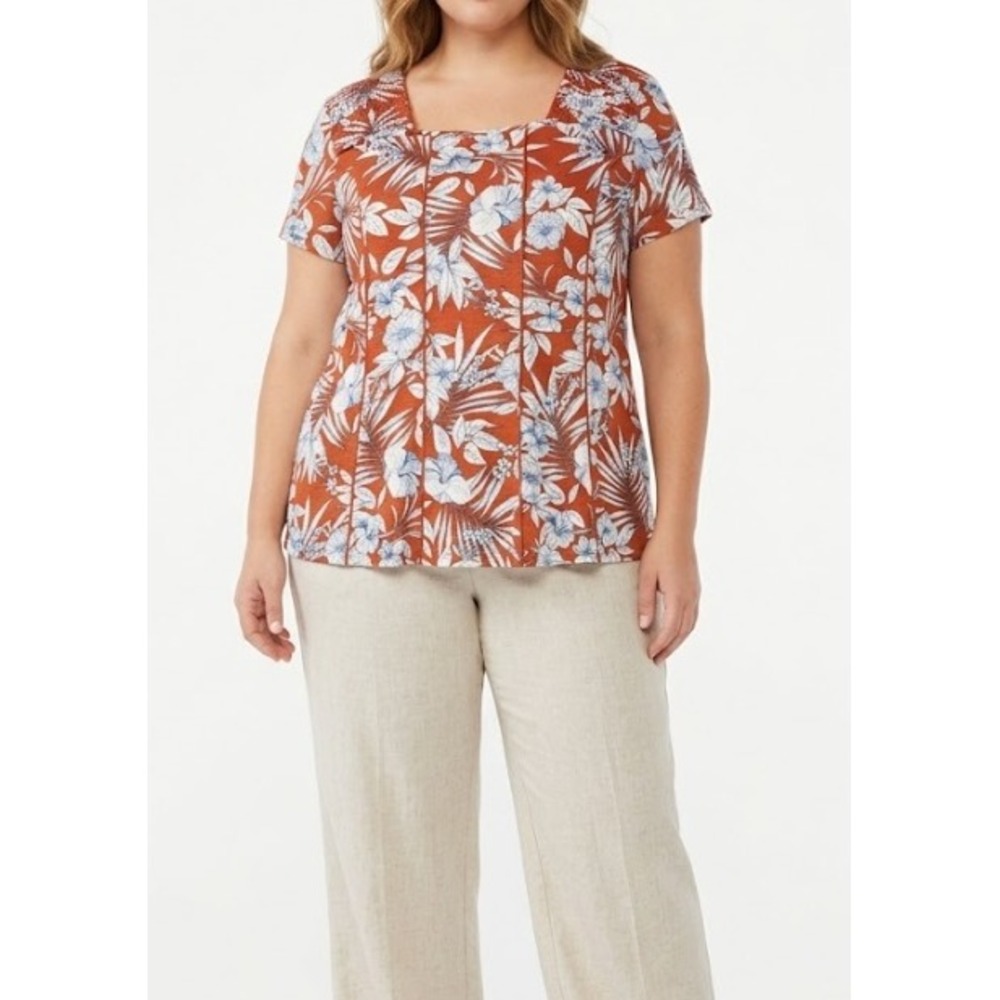 NWT Cato size XL Blouse Top Rust Orange Tropical Floral Smocked Short Sleeve